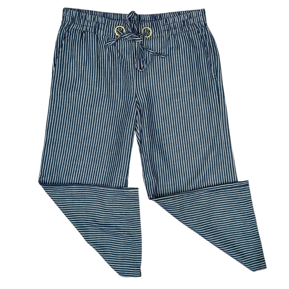 Michael Kors Navy Blue Striped Wide Leg Cropped Capris | Elastic Waist (S)